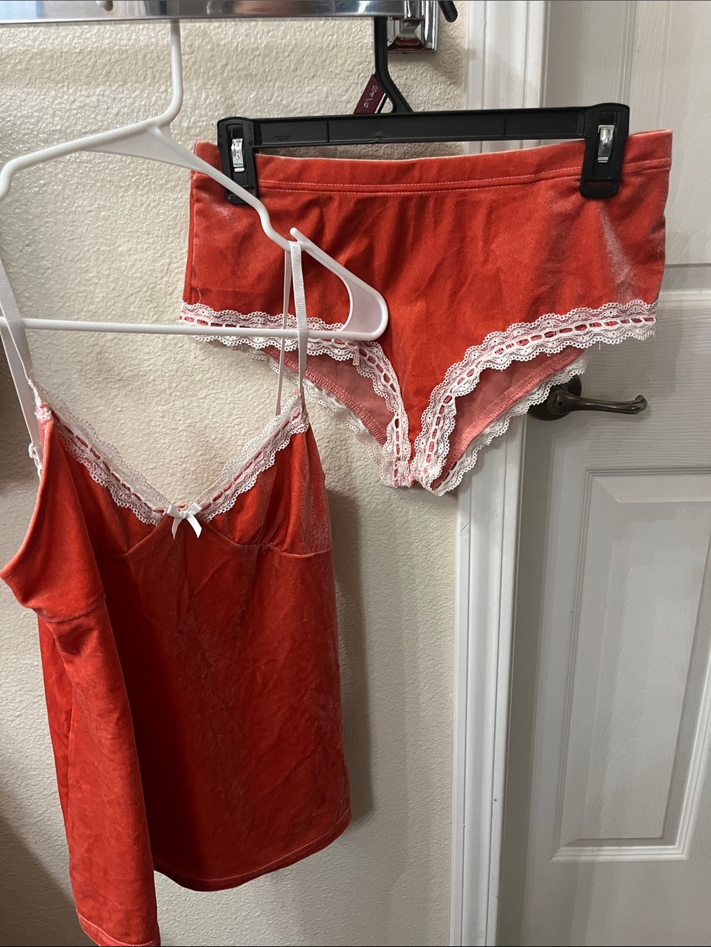 Never Worn CBR Velvet Lace-Trim Cami and Brief Set in Coral Red
